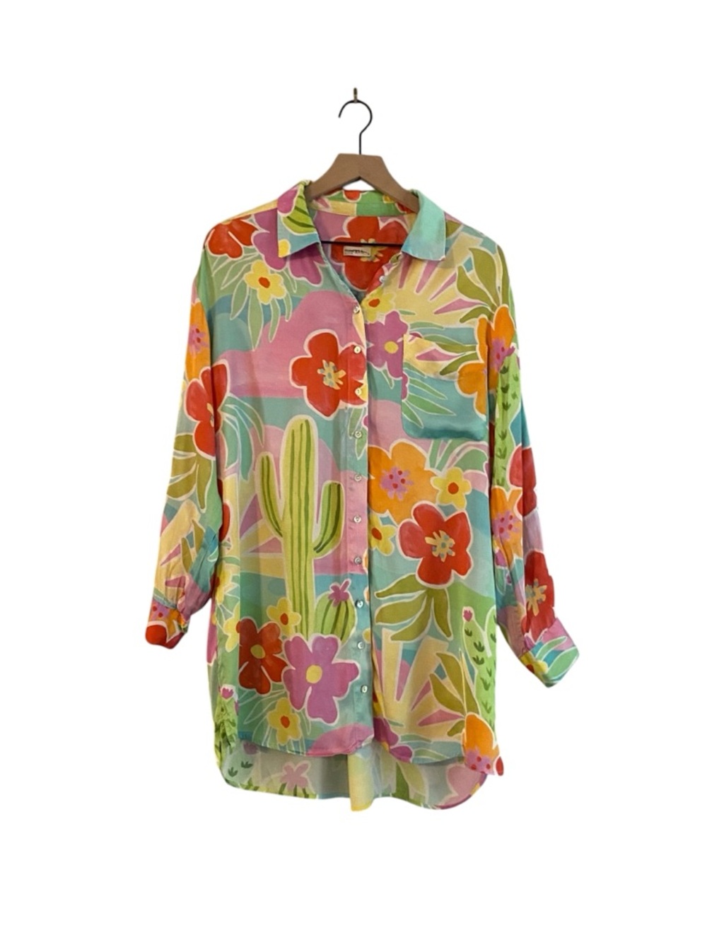 Spell Multicolor Floral Satin Tunic - Pink, Green, Yellow, Orange, Blue - Picture 7 of 11